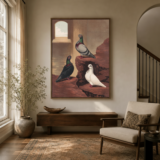 Victorian pigeon oil painting framed canvas wall art styled in a warm neutral entryway with arched doorway