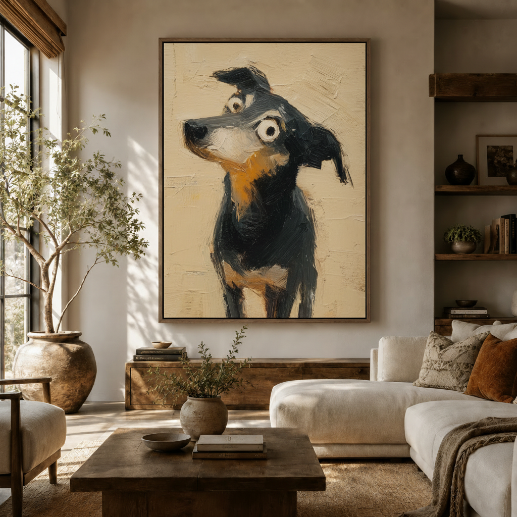 Whimsical googly-eyed dog impasto painting framed canvas hanging in a bright boho living room