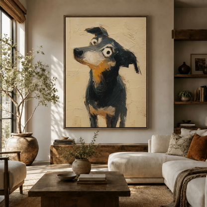 Whimsical googly-eyed dog impasto painting framed canvas hanging in a bright boho living room