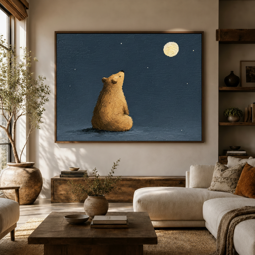 Textured moonlit bear artwork styled in a serene modern living room