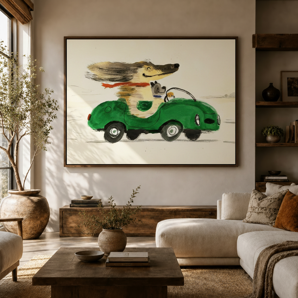 Whimsical mid-century dog and cat road trip canvas wall art hung above sideboard in modern living room