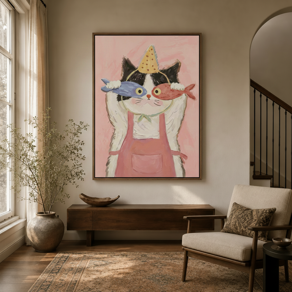 Folk art party cat wall art in dark wood floater frame displayed in transitional entryway above console table