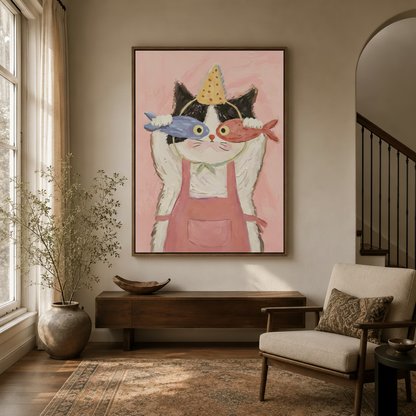 Folk art party cat wall art in dark wood floater frame displayed in transitional entryway above console table