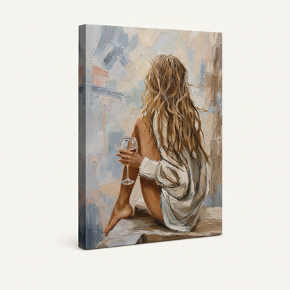 Gallery-wrapped woman figure canvas with blue-grey wrap sides on cream background
