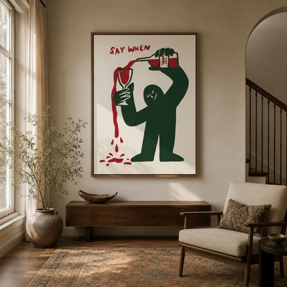 Bold red and green wine print canvas displayed in a modern entryway hallway setting