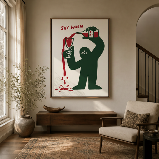 Bold red and green wine print canvas displayed in a modern entryway hallway setting