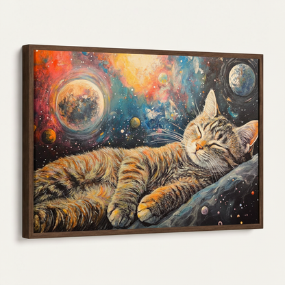 Framed sleeping cat galaxy nebula impasto canvas print in dark walnut float frame angled 3/4 product view