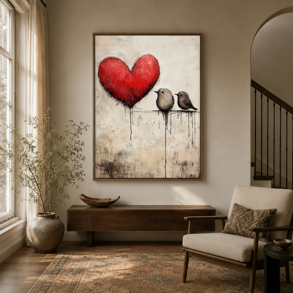 Romantic love birds heart painting in walnut float frame hanging in modern foyer