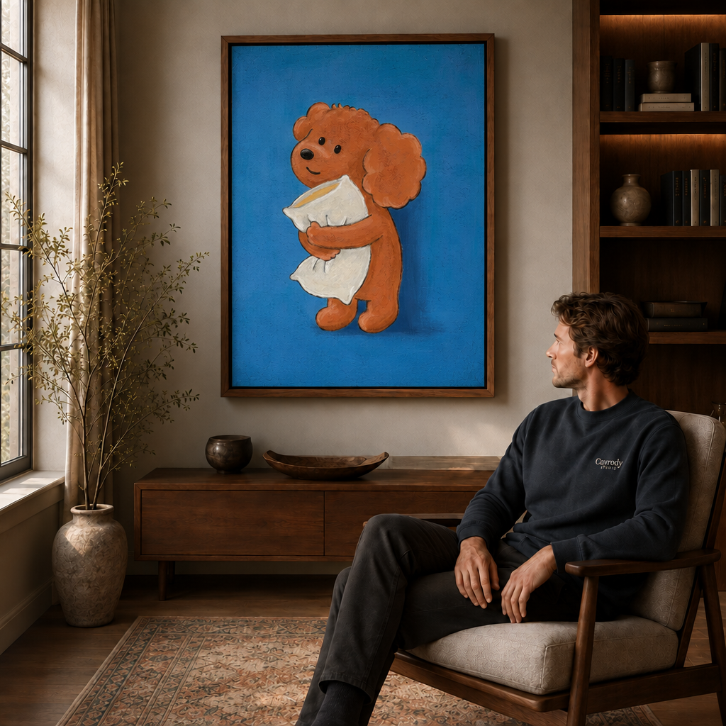 Man in a dark sweater seated in an armchair beside a walnut-framed artwork of a brown dog hugging a pillow.