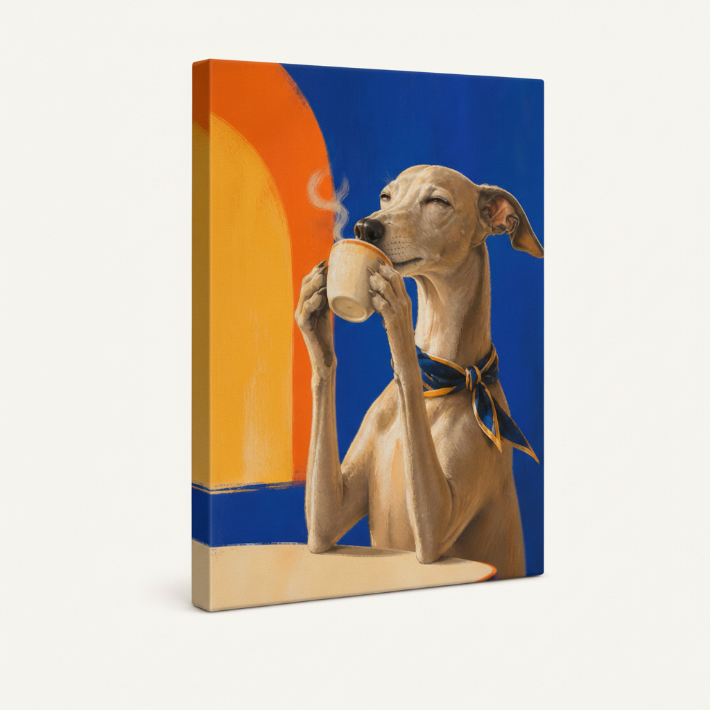 Gallery-wrapped Italian Greyhound coffee mug impasto canvas with orange wrap sides on cream background