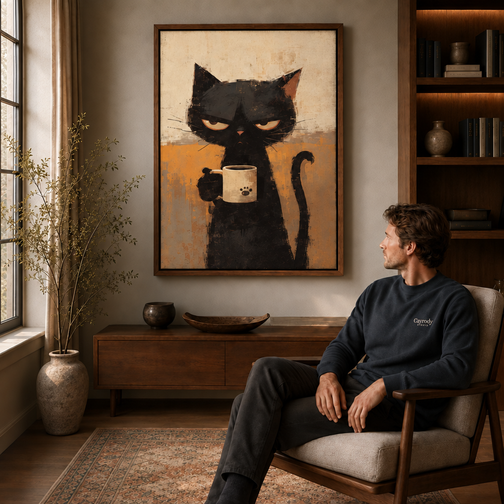 Walnut framed black cat coffee wall art styled in a cozy reading corner