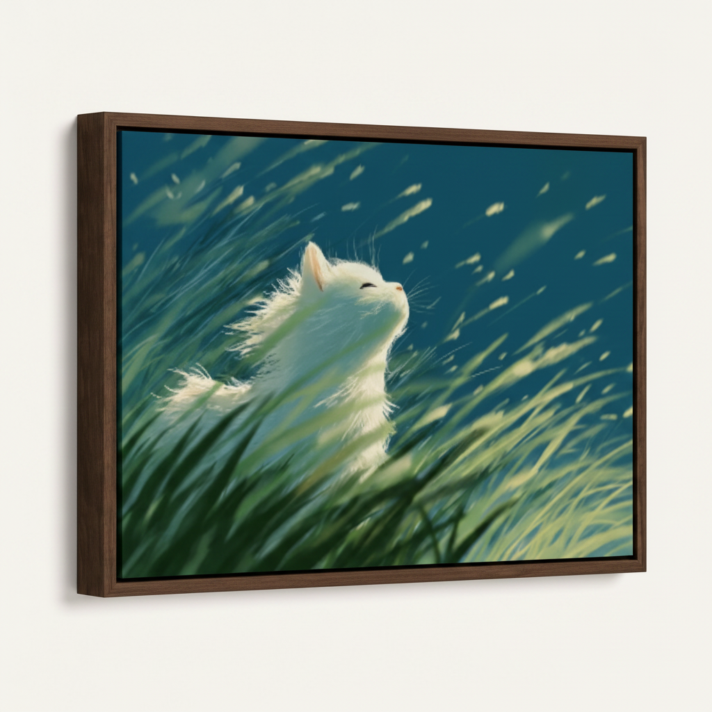 Framed white cat wind grass anime canvas print in dark walnut float frame angled 3/4 product view