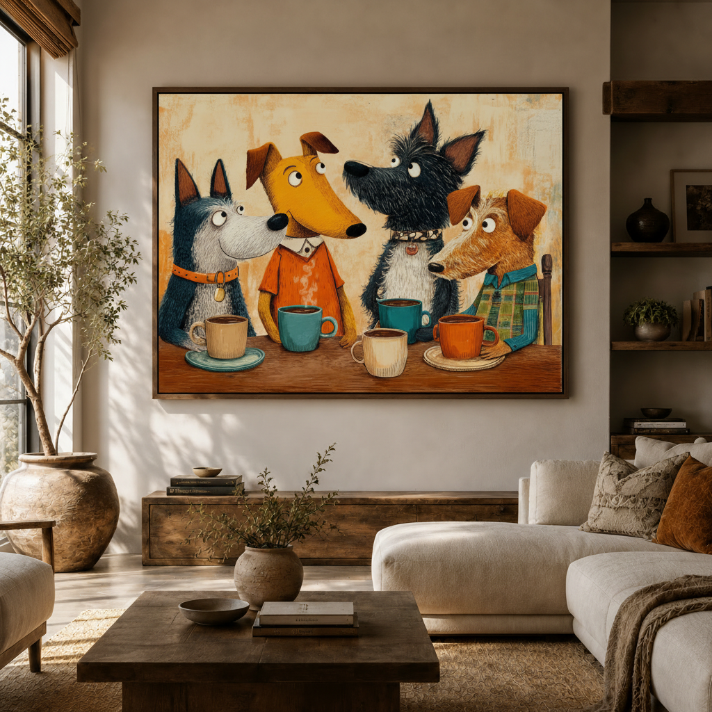 Funny cartoon dog wall art framed canvas displayed in bright Scandinavian living room