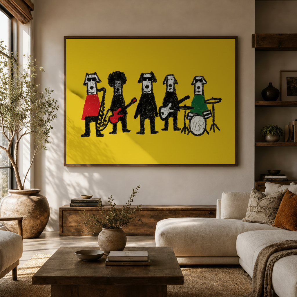 Five cartoon dogs rock band canvas framed art displayed above console in warm living room