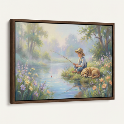 Dark walnut float frame boy fishing riverbank canvas wall art angled side view on off-white background