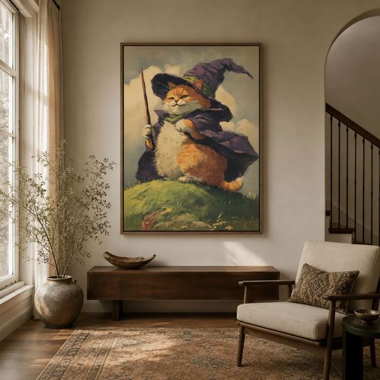 Framed wizard cat vintage fantasy canvas wall art hung in warm neutral entryway beside staircase