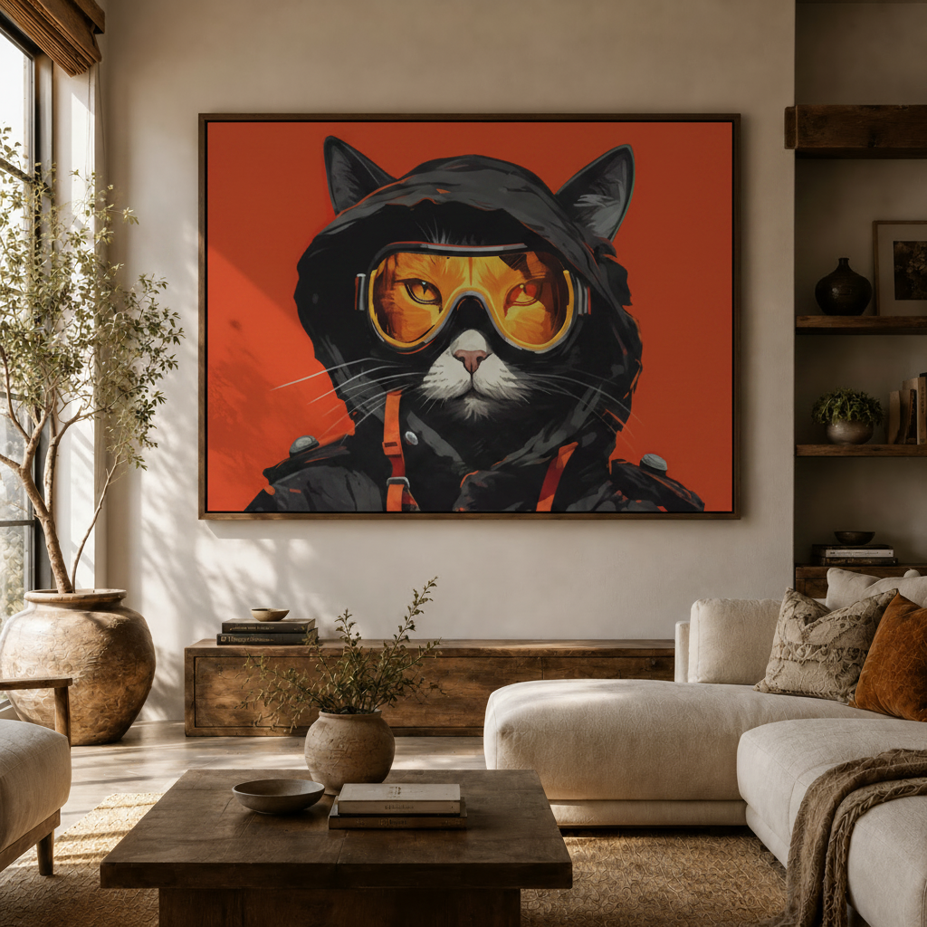 Bold black cat with orange goggles wall art above console in a modern living room