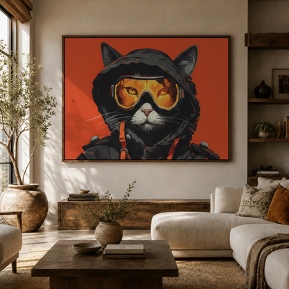 Bold black cat with orange goggles wall art above console in a modern living room