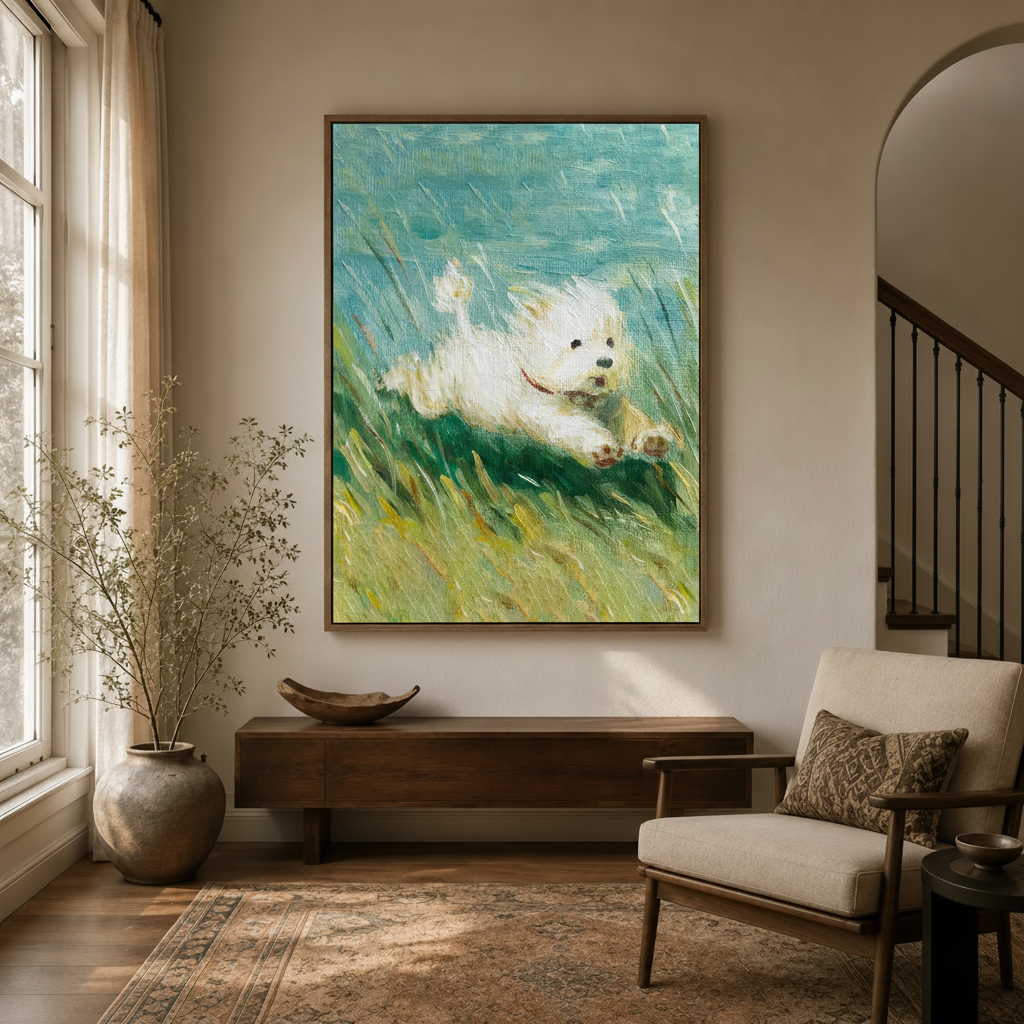 Framed impressionist dog canvas print displayed above console table in bright entryway