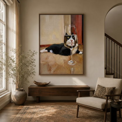 Whimsical cat canvas wall art in float frame hanging in a warm entryway above a dark wood console