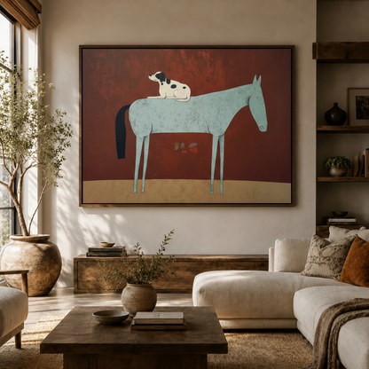 Folk art animal canvas wall art hung in bright living room with olive tree and white sofa