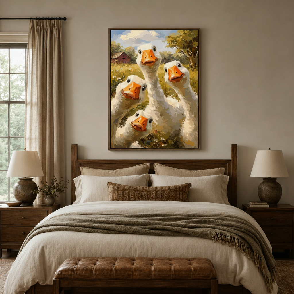  Farmhouse goose canvas wall art displayed above wooden bed in warm neutral bedroom setting