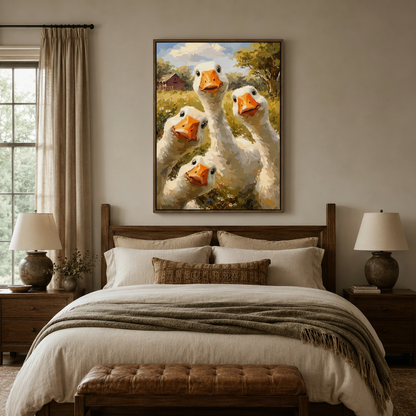  Farmhouse goose canvas wall art displayed above wooden bed in warm neutral bedroom setting