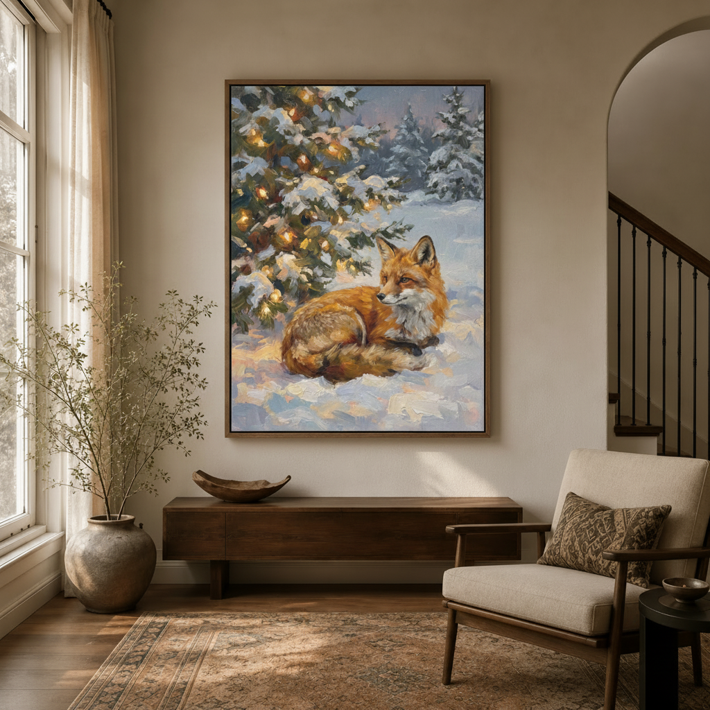 Framed red fox snow scene canvas art hanging in a cozy entryway with arched doorway