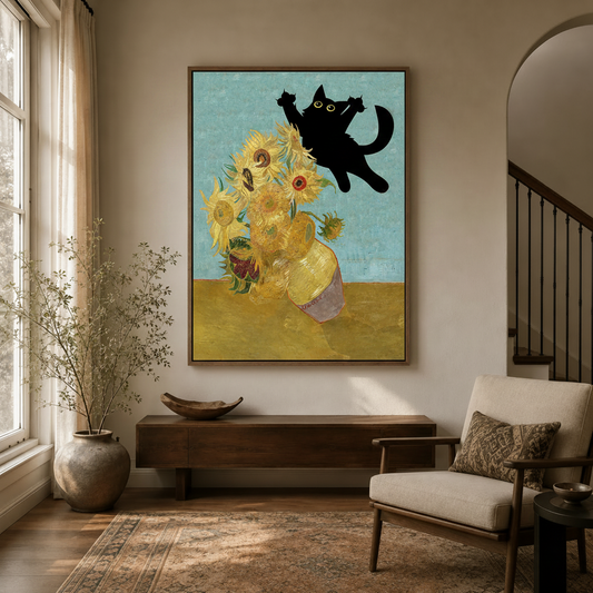 Whimsical cat sunflower oil painting in dark float frame displayed in warm entryway hallway