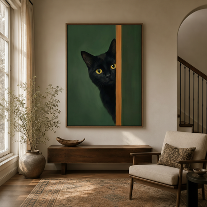 Moody black cat portrait in natural wood frame hung in a neutral entryway with walnut console
