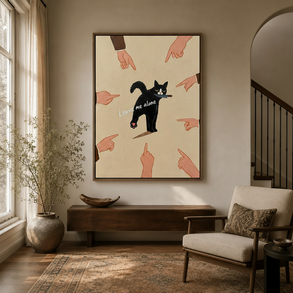 Leave me alone black cat meme canvas print displayed in a warm modern living room entryway