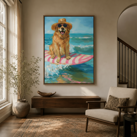 Surfing dog wall art in dark walnut float frame hanging in bright hallway entryway decor