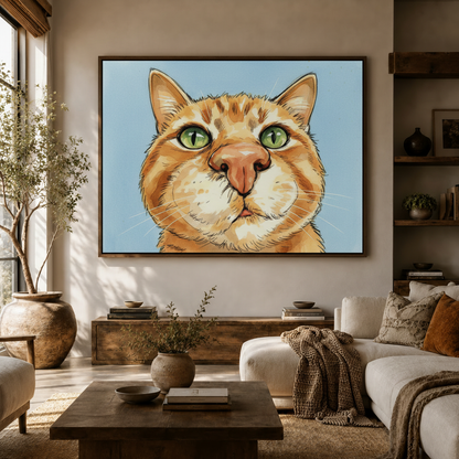 Funny orange cat comic illustration canvas hung above sideboard in warm modern living room