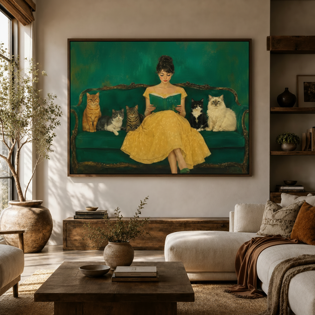 Retro woman reading with cats canvas print hanging above white sofa in bright modern living room