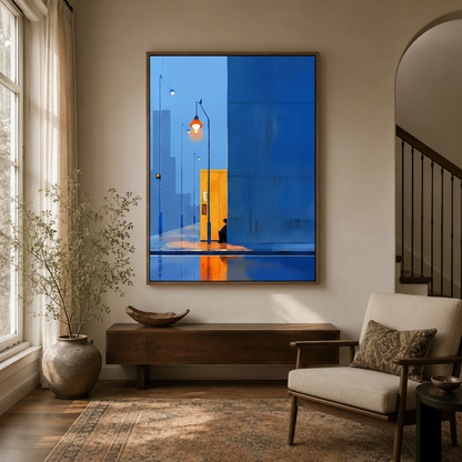 Cobalt blue urban night scene wall art hanging in a modern entryway with warm lighting