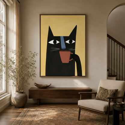 	Whimsical black cat coffee pop art canvas print hanging in a warm entryway with wood console and dried botanicals