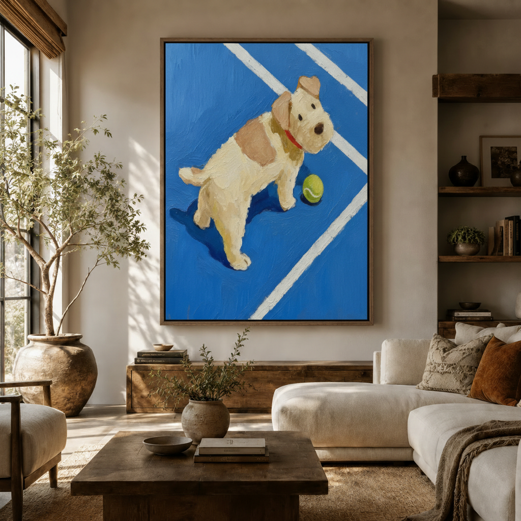 Impasto dog wall art in a neutral living room above a white linen sofa and rustic coffee table