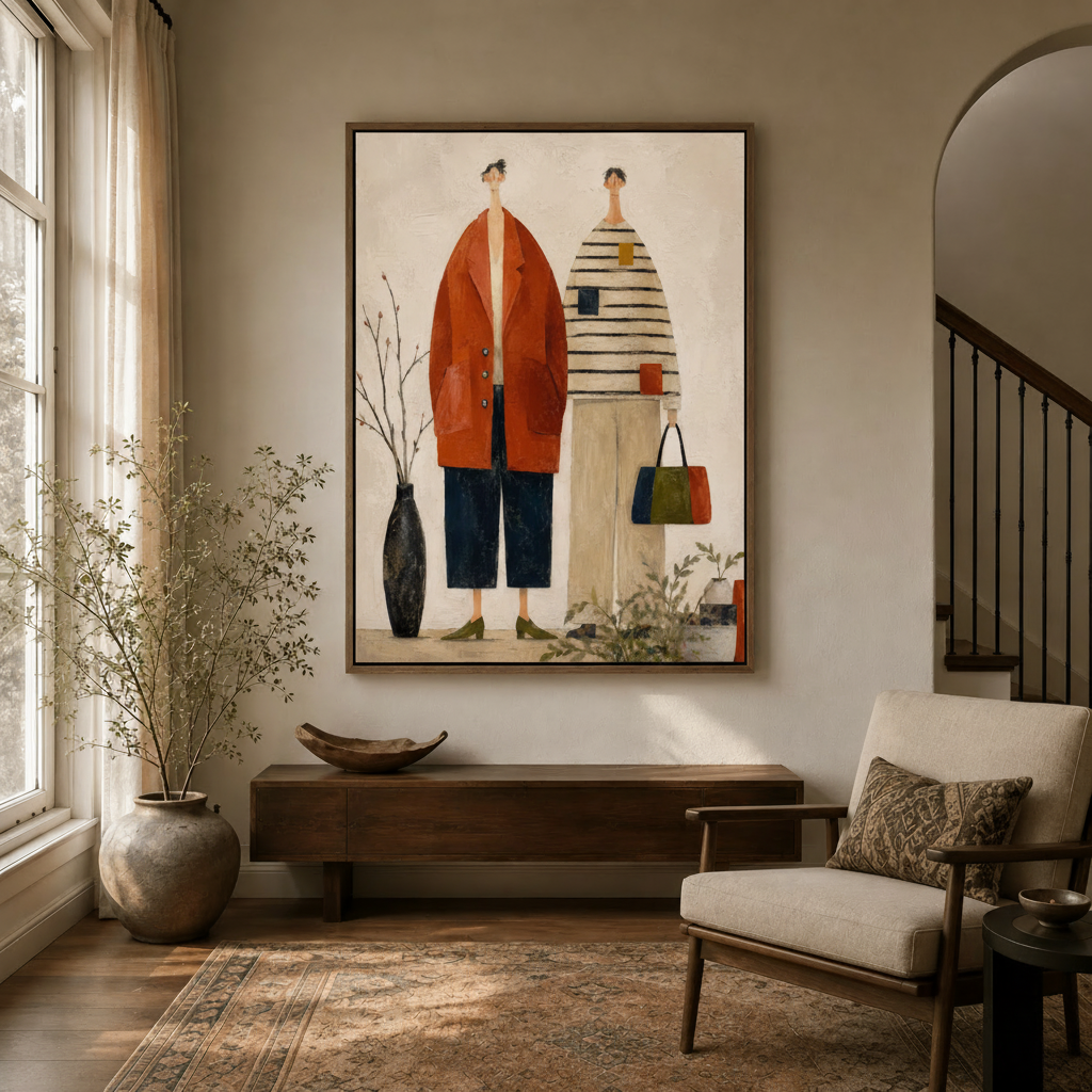 Fashion illustration wall art in walnut float frame displayed in modern entryway interior