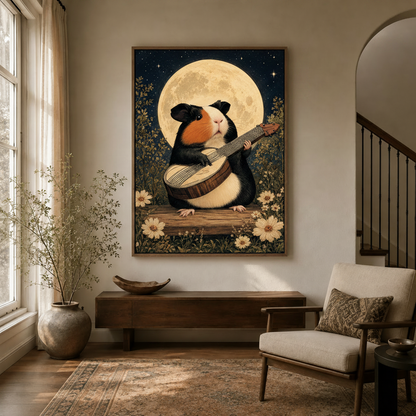 Whimsical guinea pig moon lute canvas print in dark walnut floating frame displayed in modern entryway with arched doorway