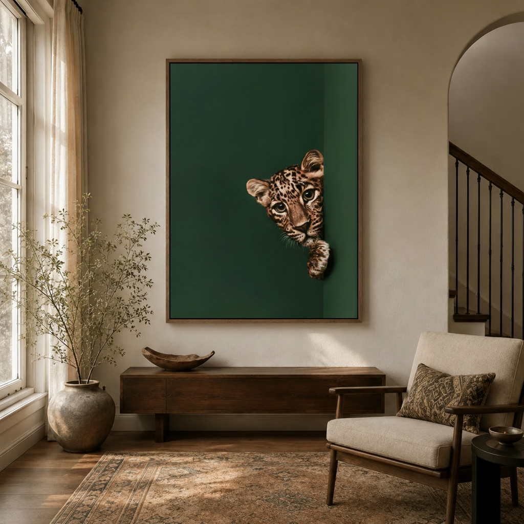 Bold wild animal oil painting displayed high on wall in neutral entryway with arched doorway