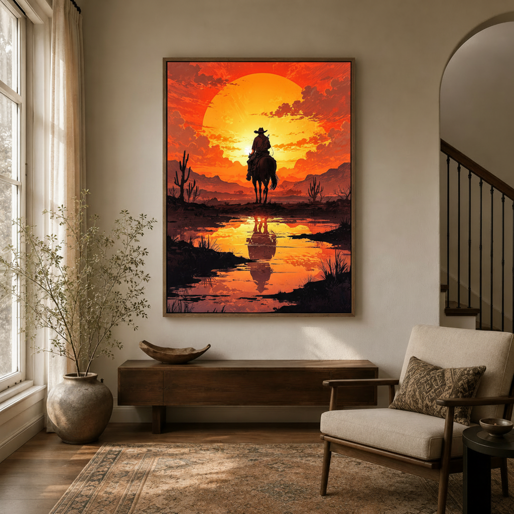 Bold western desert silhouette canvas hanging in warm entryway beside dried botanicals and linen armchair