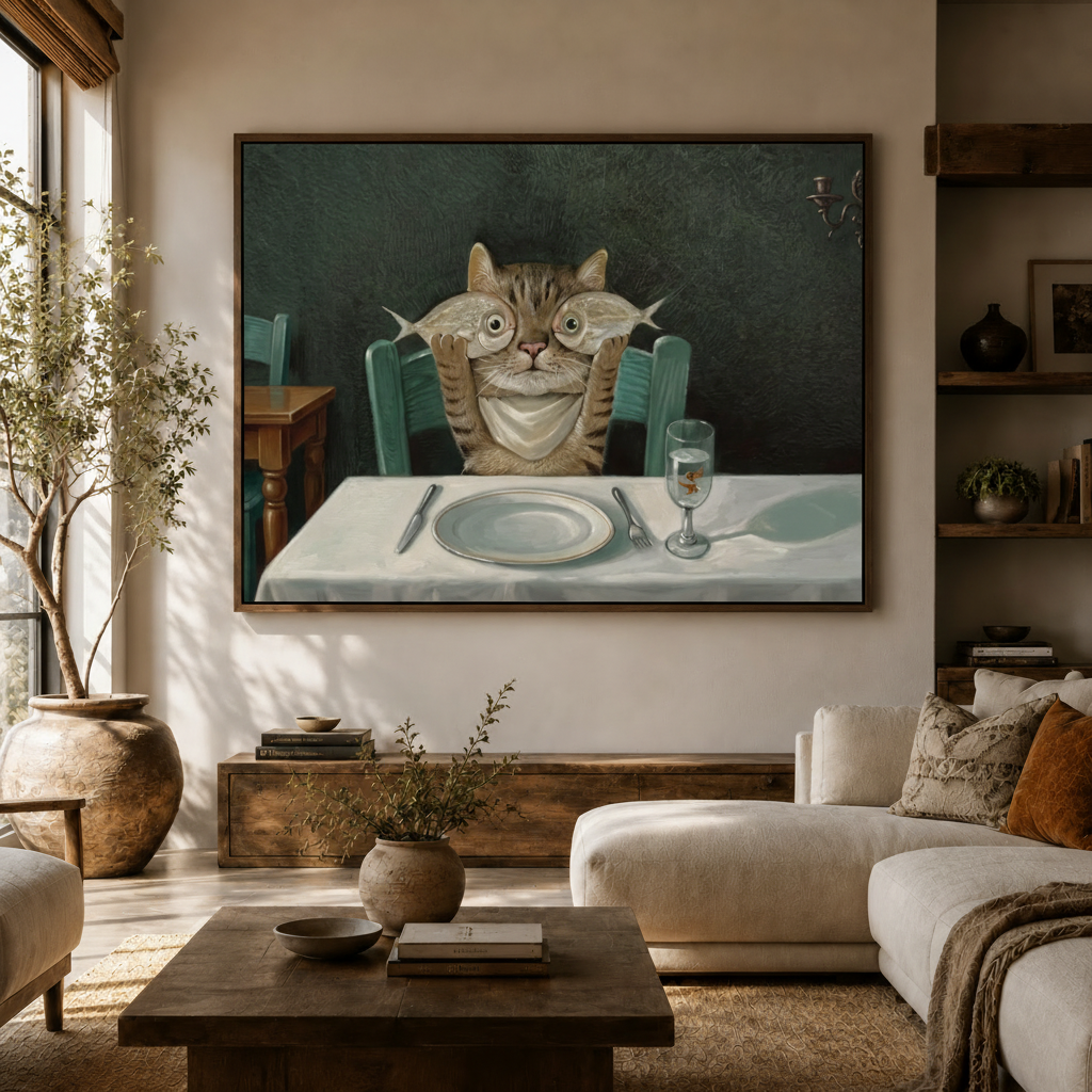 Whimsical tabby cat oil painting framed canvas hanging in bright modern living room with white sofa