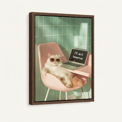 Cat procrastinator canvas reading I'll do it tomorrow in dark walnut float frame, 3/4 angle white background