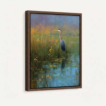 Gallery-wrapped heron marsh canvas with deep green reed wrap sides on cream background