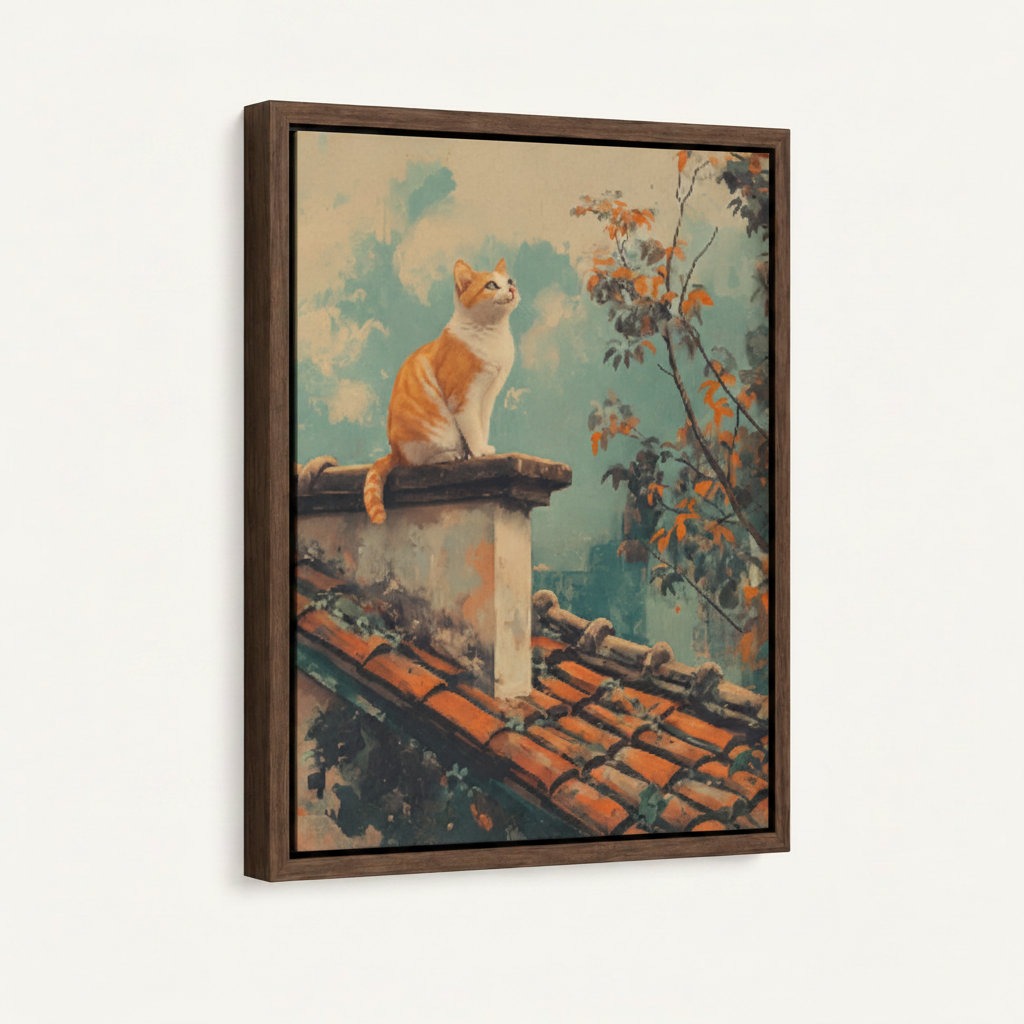 Framed vintage cat gazing sky wall art in dark walnut float frame, angled product view