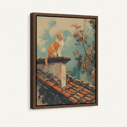 Framed vintage cat gazing sky wall art in dark walnut float frame, angled product view