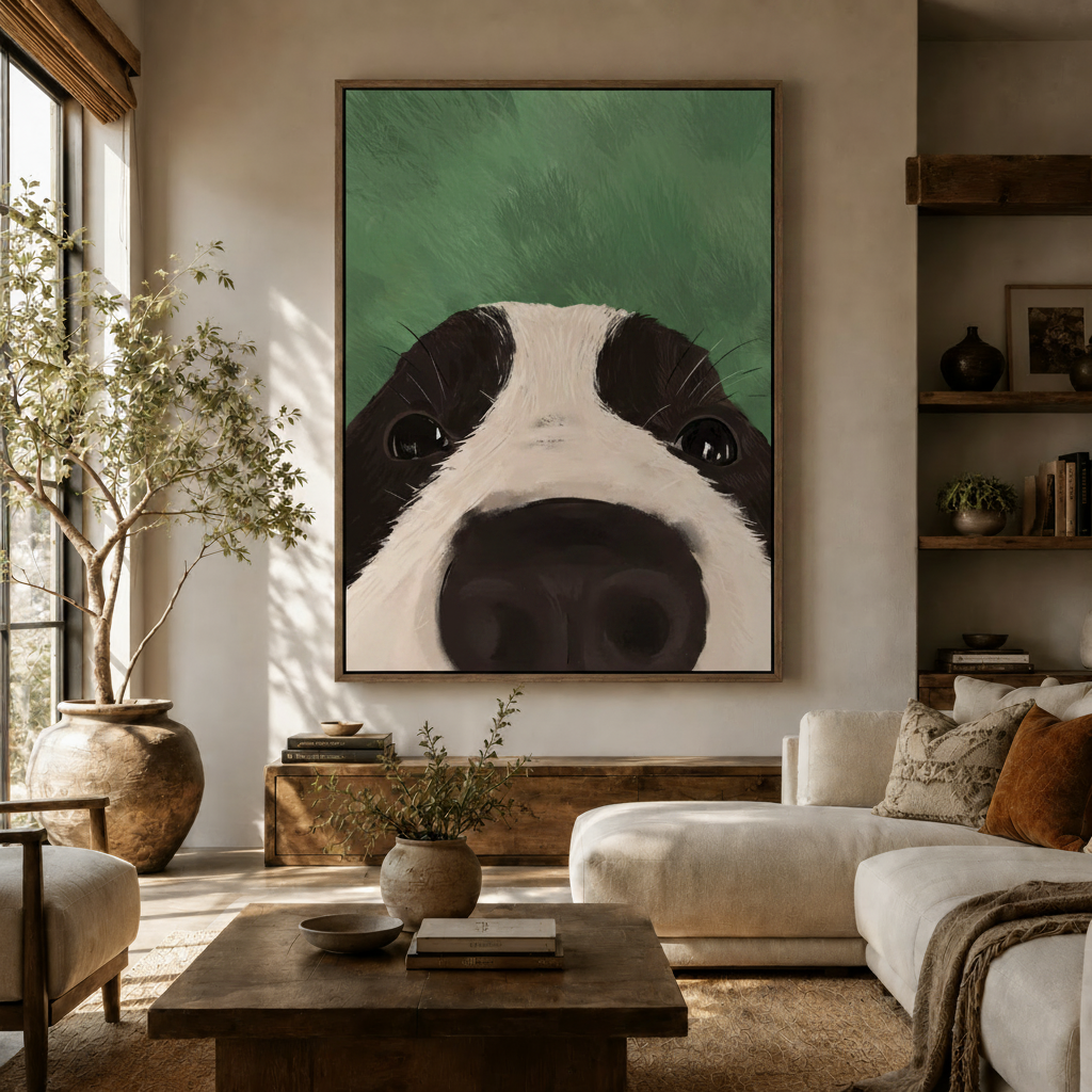 Bold dog portrait canvas hanging above living room console in earthy green and black tones