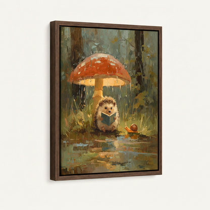 Cozy hedgehog mushroom rain canvas in dark walnut float frame, 3/4 angle on off-white background