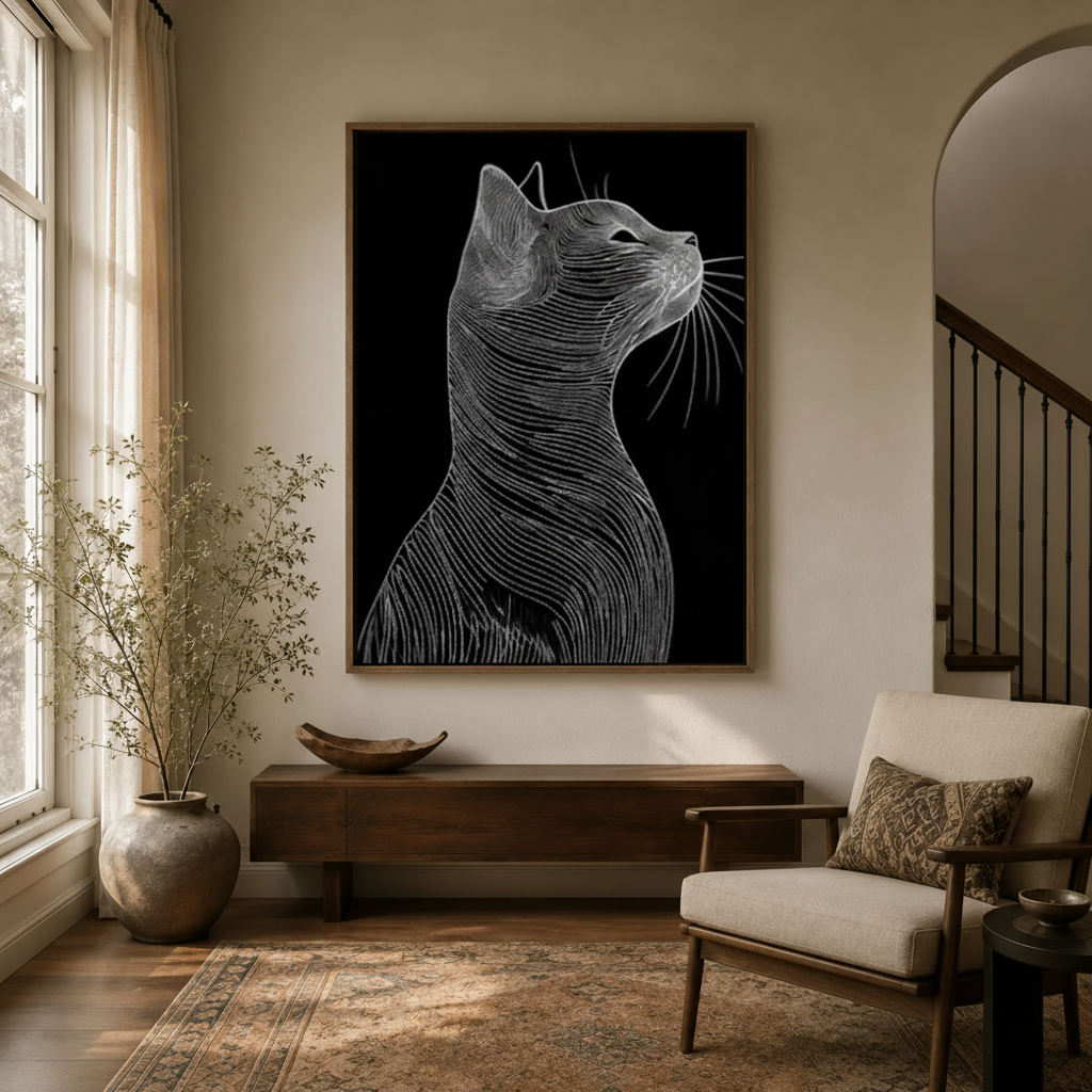 Minimalist white line cat engraving canvas print hanging in bright entryway with arched doorway and staircase