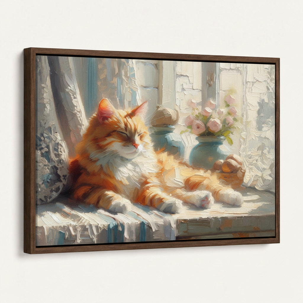 Fluffy orange cat lace windowsill canvas print dark walnut float frame angled 3/4 product mockup view